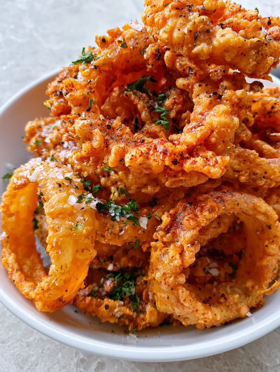 High-angle view of golden-brown Crispy Homemade Onion Rings in a white bowl featuring a textured, craggy coating.