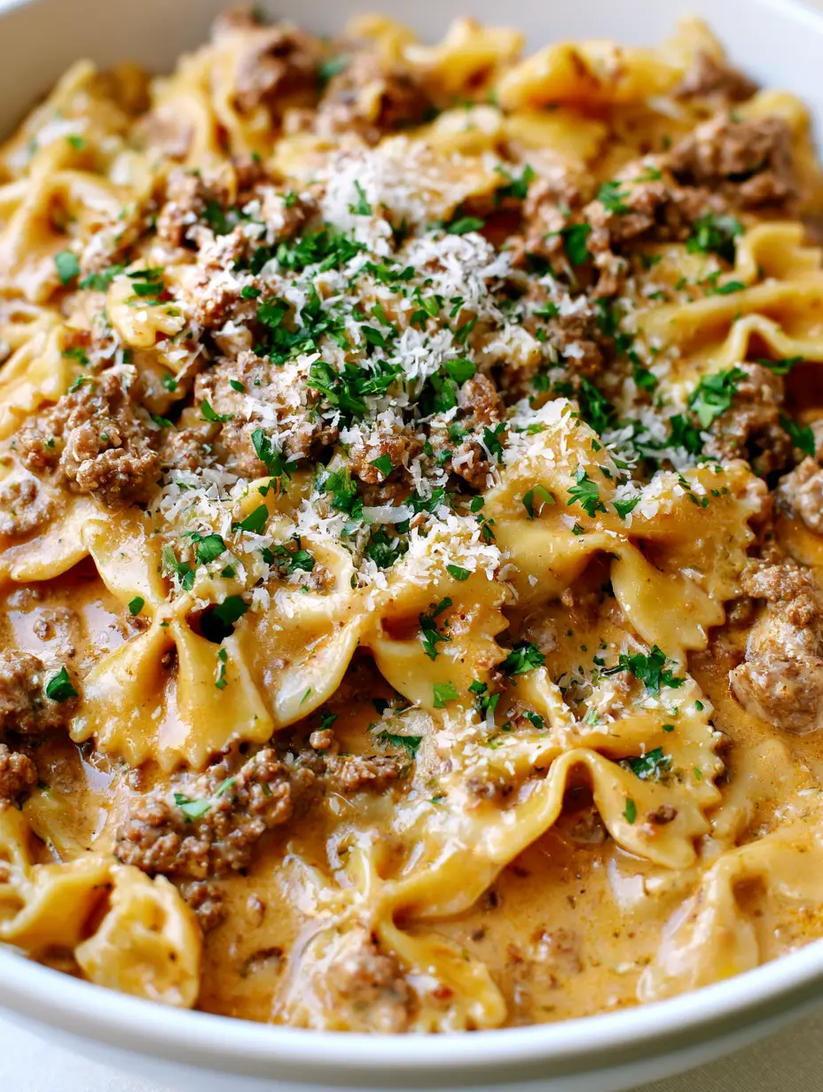 Glossy farfalle pasta coated in a light-brown garlic parmesan sauce with savory beef crumbles. (Creamy Garlic Parmesan Beef Bowtie Pasta)