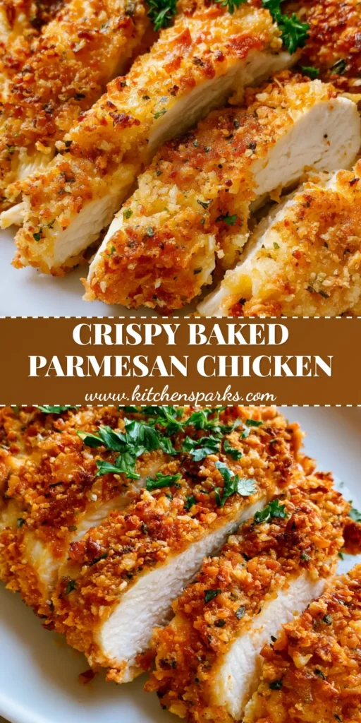 Parmesan Crusted Chicken: The Ultimate Crispy Baked Recipe 4 Sliced crispy Parmesan Crusted Chicken on a white plate with golden panko coating and fresh parsley garnish.