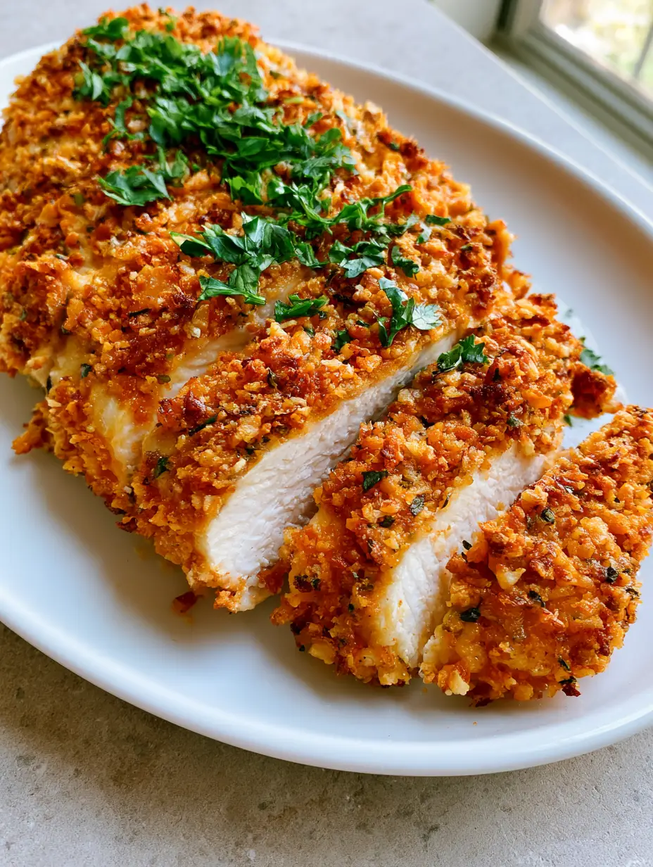 Parmesan Crusted Chicken: The Ultimate Crispy Baked Recipe 3 A close-up handheld shot of Parmesan Crusted Chicken revealing juicy white meat and a thick crunchy panko crust.