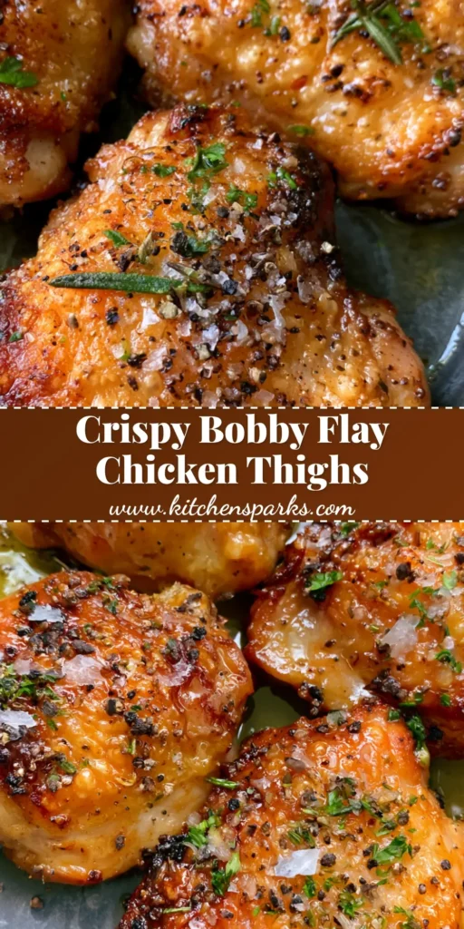 A top-down shot of three crispy Bobby Flay Chicken Thighs in a cast iron skillet with fresh rosemary and sea salt.