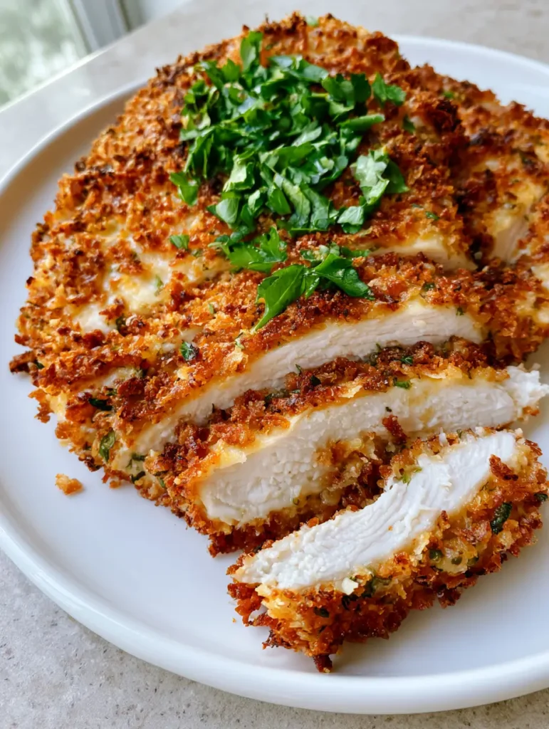 Parmesan Crusted Chicken: The Ultimate Crispy Baked Recipe 1 Oven-baked Parmesan Crusted Chicken breast on a white ceramic plate with dried herb flakes visible in the breading.