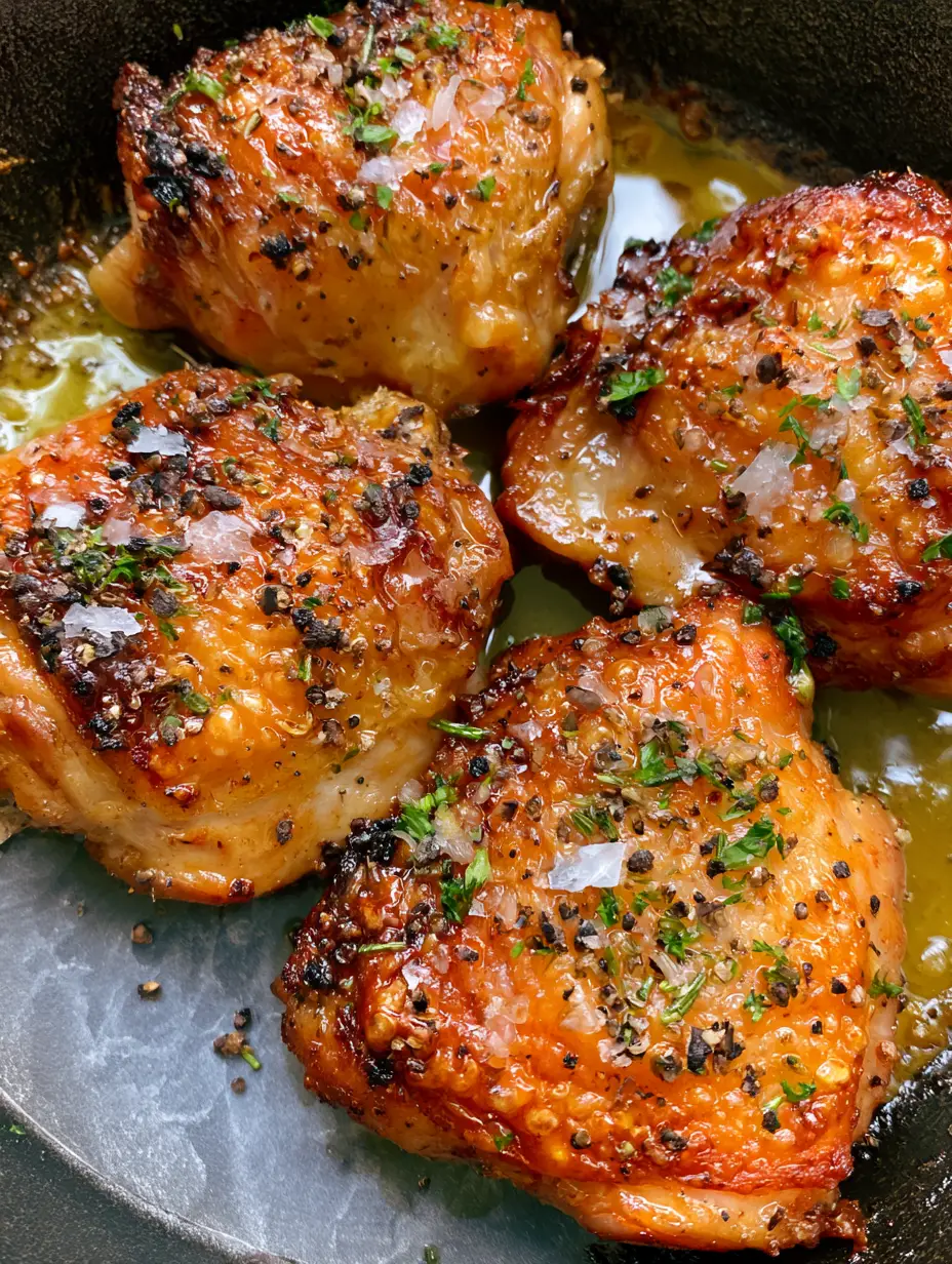 Close-up of three Bobby Flay Chicken Thighs showing bubbling, crispy skin and coarse salt. (Bobby Flay Chicken Thighs)
