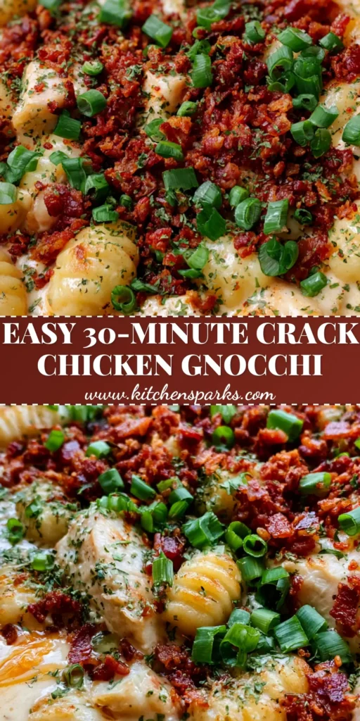 Crack Chicken Gnocchi: The Ultimate One-Pan Cheesy Skillet Dinner 4 A close-up shot of Crack Chicken Gnocchi in a cast iron skillet with melted cheddar streaks, bacon bits, and green onions.