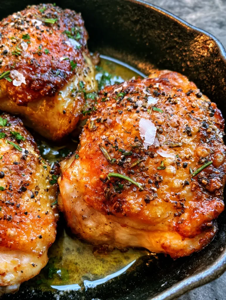 Top-down view of seared chicken thighs in a seasoned cast iron skillet with rosemary sprigs. (Bobby Flay Chicken Thighs)