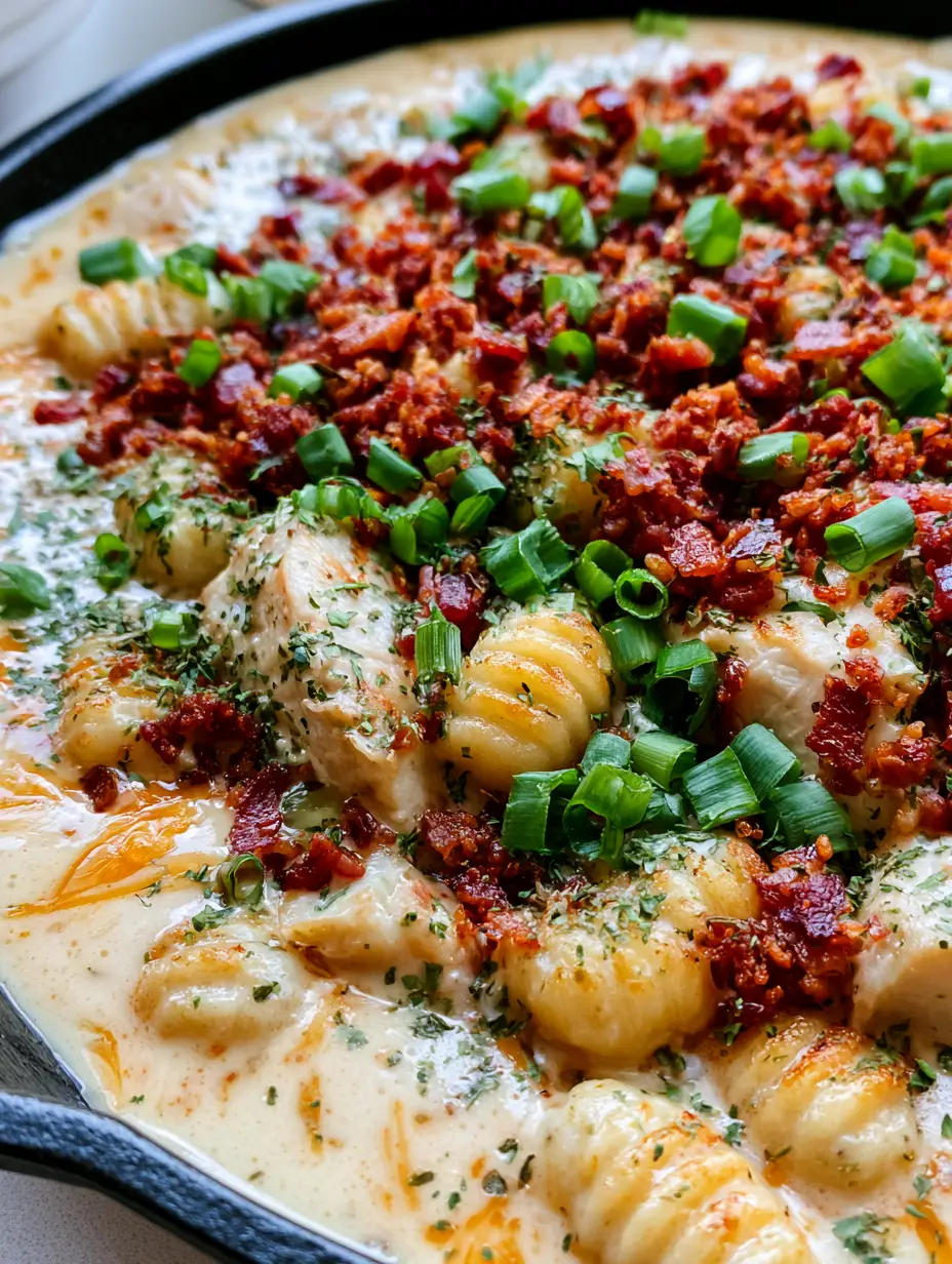 Crack Chicken Gnocchi: The Ultimate One-Pan Cheesy Skillet Dinner 3 Top-down view of Crack Chicken Gnocchi showing the glossy ivory sauce and golden seared gnocchi.