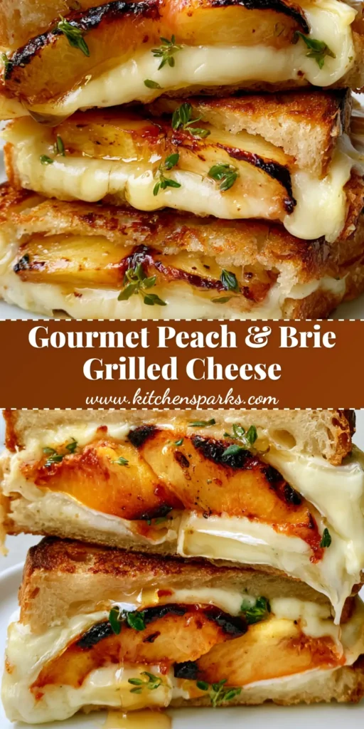 A handheld gourmet Peach and Brie Grilled Cheese cut in half, stacked on a white ceramic plate, showing melted Brie and caramelized peaches. (Peach and Brie Grilled Cheese)