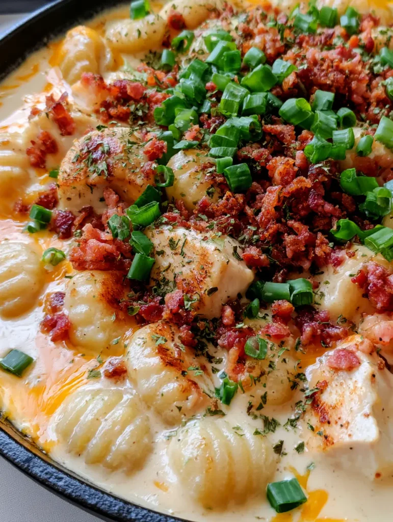 Crack Chicken Gnocchi: The Ultimate One-Pan Cheesy Skillet Dinner 1 Extreme close-up of melted cheddar streaks and crispy bacon bits in Crack Chicken Gnocchi.