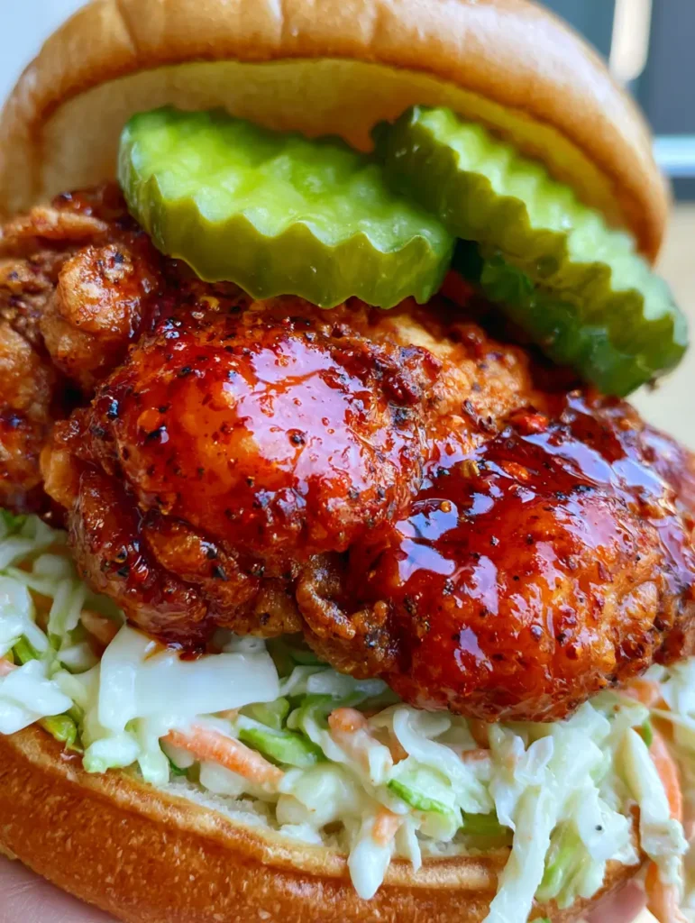 Close-up handheld photo of a Nashville Hot Chicken Sandwich with visible granules of cayenne pepper and a vibrant red glossy glaze.