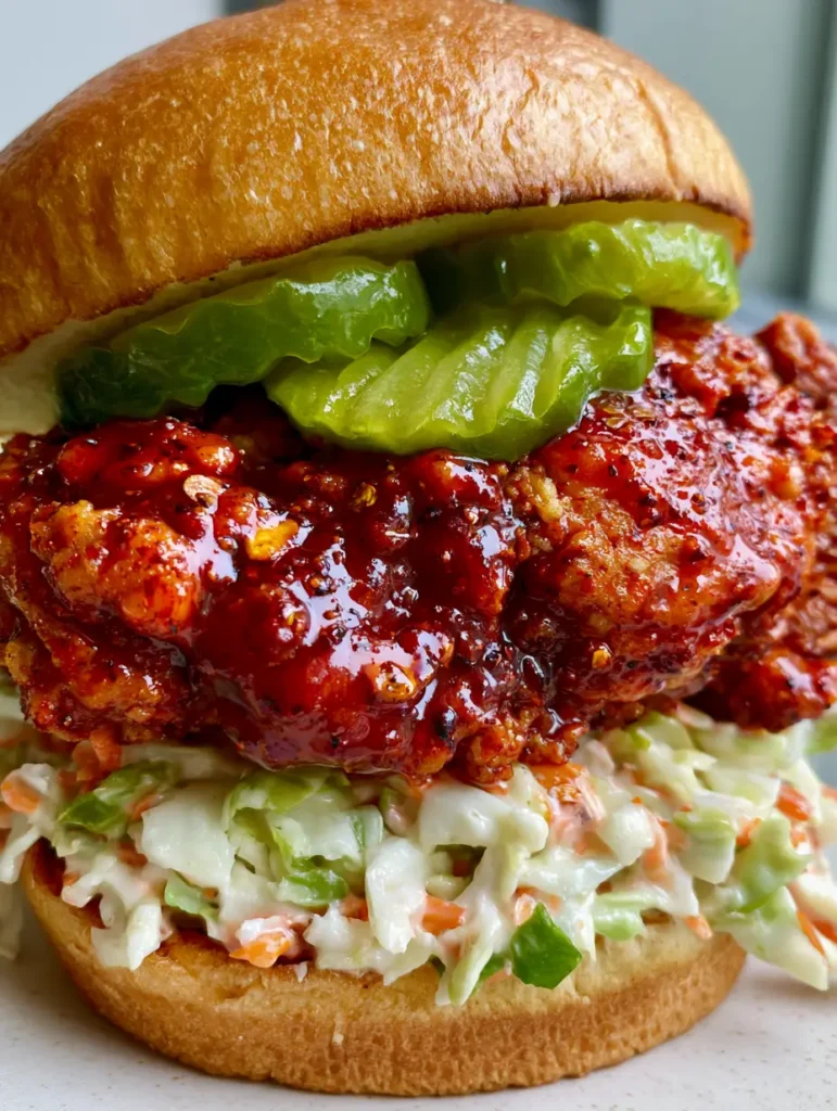 Detailed shot of the craggy double-breaded chicken texture on a Nashville Hot Chicken Sandwich.