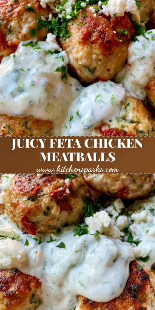 Mediterranean Chicken Meatballs: The Ultimate Pan-Seared Greek Feast 4 A shallow ceramic bowl filled with golden-brown pan-seared Mediterranean Chicken Meatballs, topped with a thick white tzatziki drizzle, red sun-dried tomatoes, green herbs, and crumbled feta cheese.