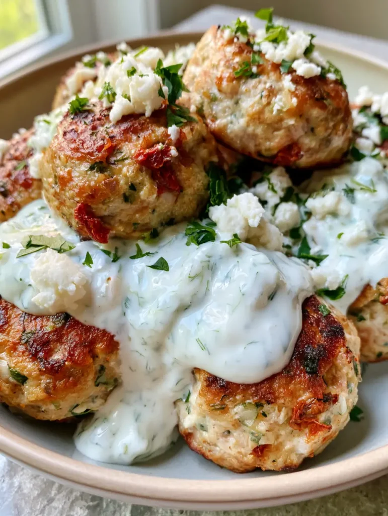 Mediterranean Chicken Meatballs: The Ultimate Pan-Seared Greek Feast 2 Close-up of Mediterranean Chicken Meatballs showing the golden sear and visible pieces of sun-dried tomatoes and fresh parsley.