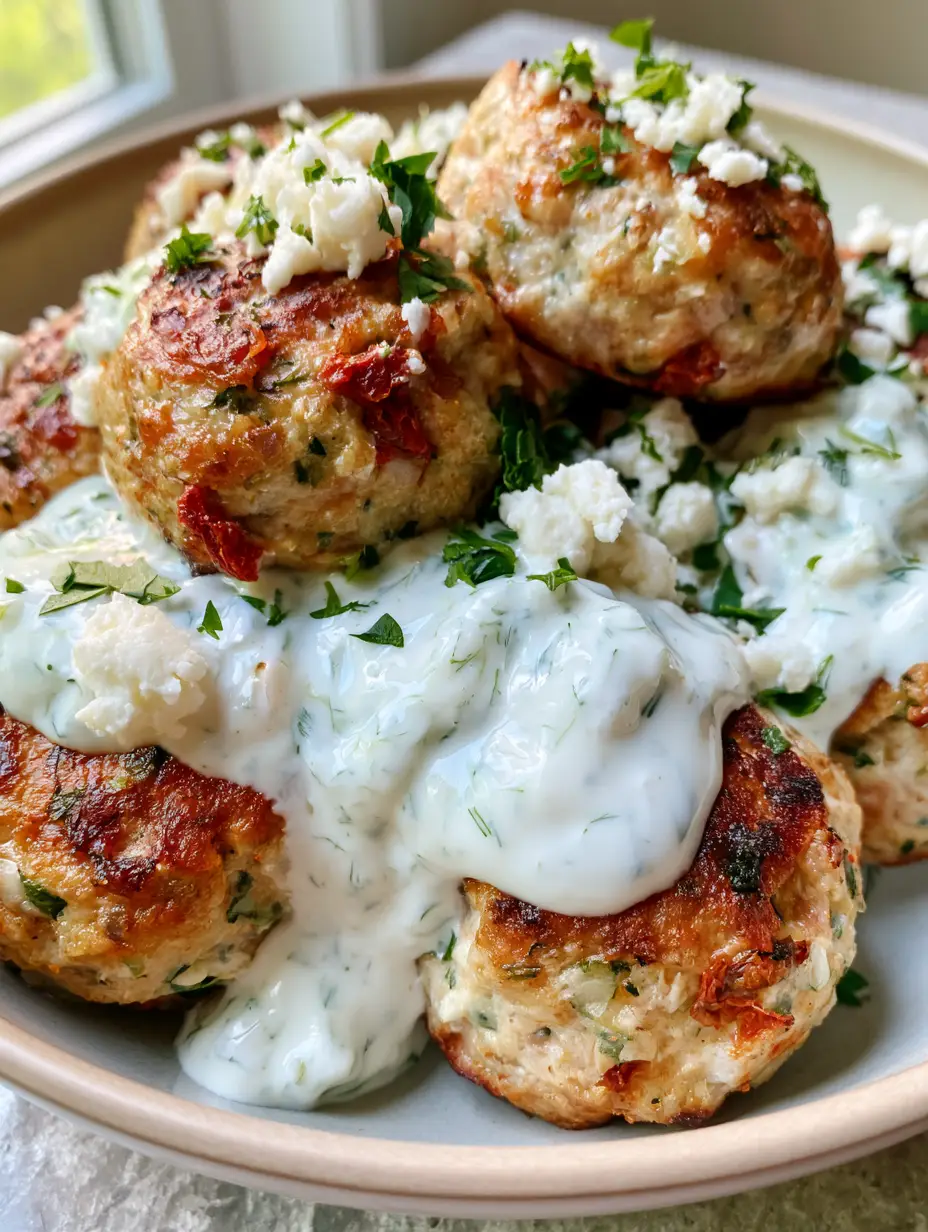Mediterranean Chicken Meatballs: The Ultimate Pan-Seared Greek Feast 3 Close-up of Mediterranean Chicken Meatballs showing the golden sear and visible pieces of sun-dried tomatoes and fresh parsley.