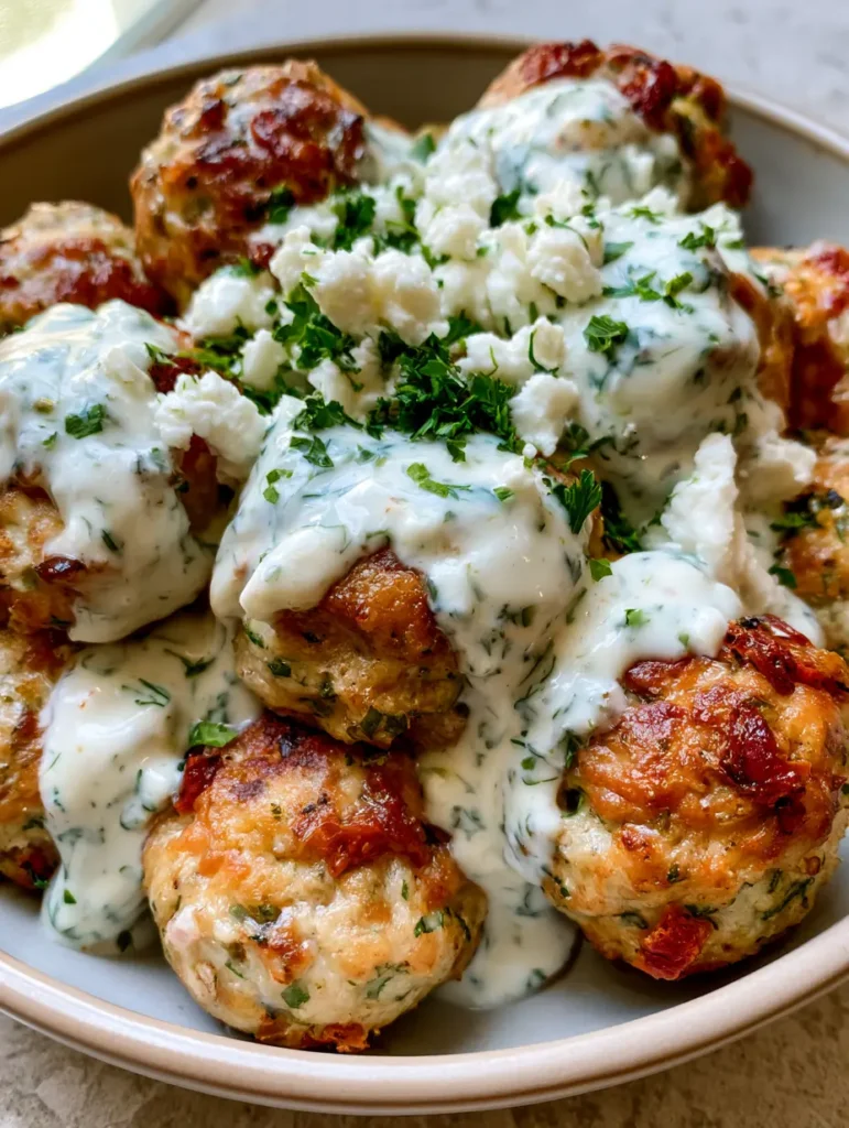 Mediterranean Chicken Meatballs: The Ultimate Pan-Seared Greek Feast 1 Overhead view of Mediterranean Chicken Meatballs drizzled with creamy tzatziki sauce in a ceramic bowl.