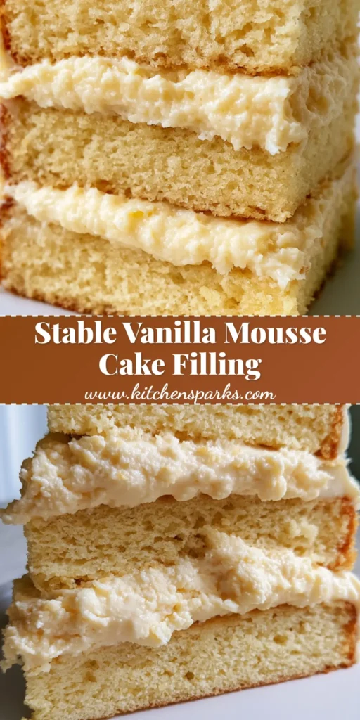 Vanilla Mousse Cake Filling: The Secret to Professional Triple-Layer Cakes 4 A tall slice of yellow layer cake featuring thick Vanilla Mousse Cake Filling and thin white frosting on a matte white plate.