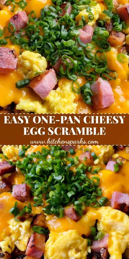 Cheesy Potato and Egg Scramble: The Ultimate One-Skillet Breakfast 4 A top-down shot of a rustic Cheesy Potato and Egg Scramble in a black cast iron skillet featuring charred golden potatoes, pink ham, and melted orange cheddar.