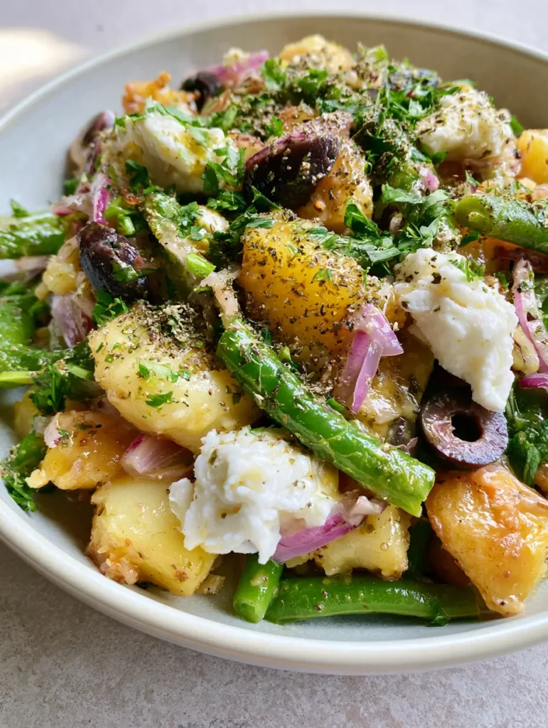Mediterranean Greek Potato Salad with Herb Vinaigrette and Feta 2 Close up photo of gold potato chunks and blanched green beans in a Mediterranean Greek Potato Salad.