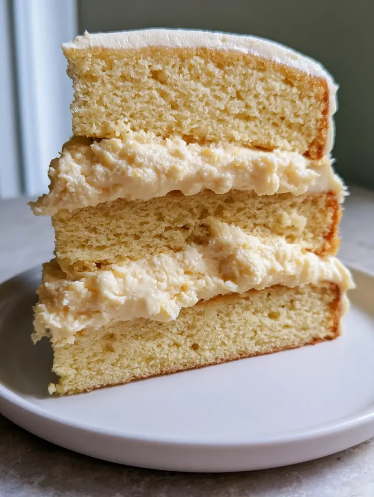 Vanilla Mousse Cake Filling: The Secret to Professional Triple-Layer Cakes 2 Close-up of three moist yellow sponge layers with opaque ivory Vanilla Mousse Cake Filling.