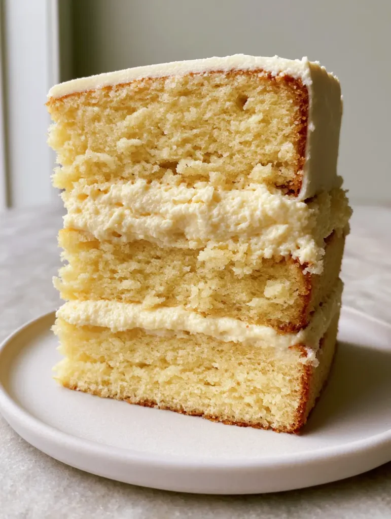 Vanilla Mousse Cake Filling: The Secret to Professional Triple-Layer Cakes 1 Side view of a cake slice on a grey stone countertop showcasing the thick Vanilla Mousse Cake Filling.