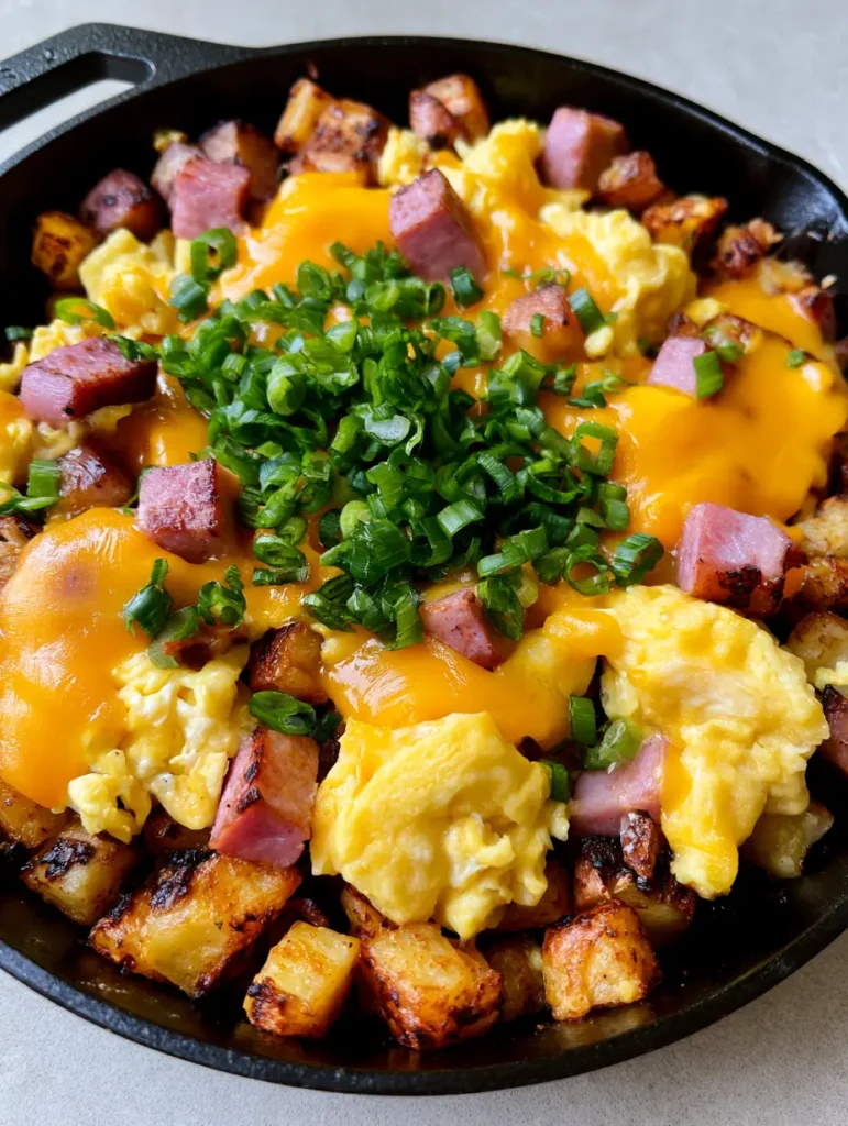 Cheesy Potato and Egg Scramble: The Ultimate One-Skillet Breakfast 2 Close-up of crispy cubed golden potatoes and soft scrambled eggs with seared ham in a cast iron skillet. (Cheesy Potato and Egg Scramble)