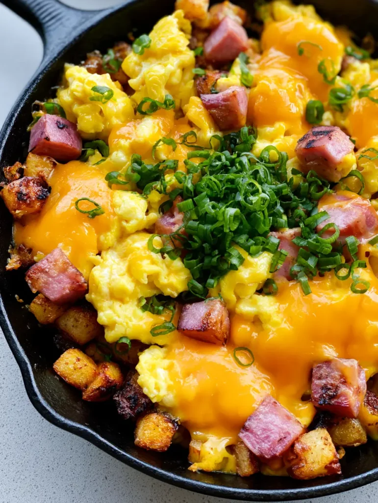 Cheesy Potato and Egg Scramble: The Ultimate One-Skillet Breakfast 1 A top-down view of a Cheesy Potato and Egg Scramble topped with melted pools of sharp cheddar and fresh green onions.