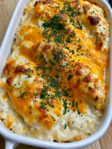 Close-up of creamy rice and seared chicken breast in a white dish. (One-Pan Chicken and Rice Bake)