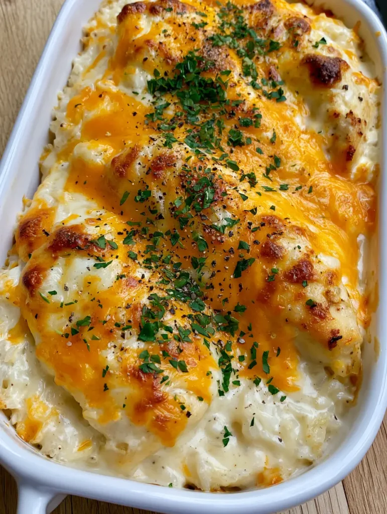Close-up of creamy rice and seared chicken breast in a white dish. (One-Pan Chicken and Rice Bake)