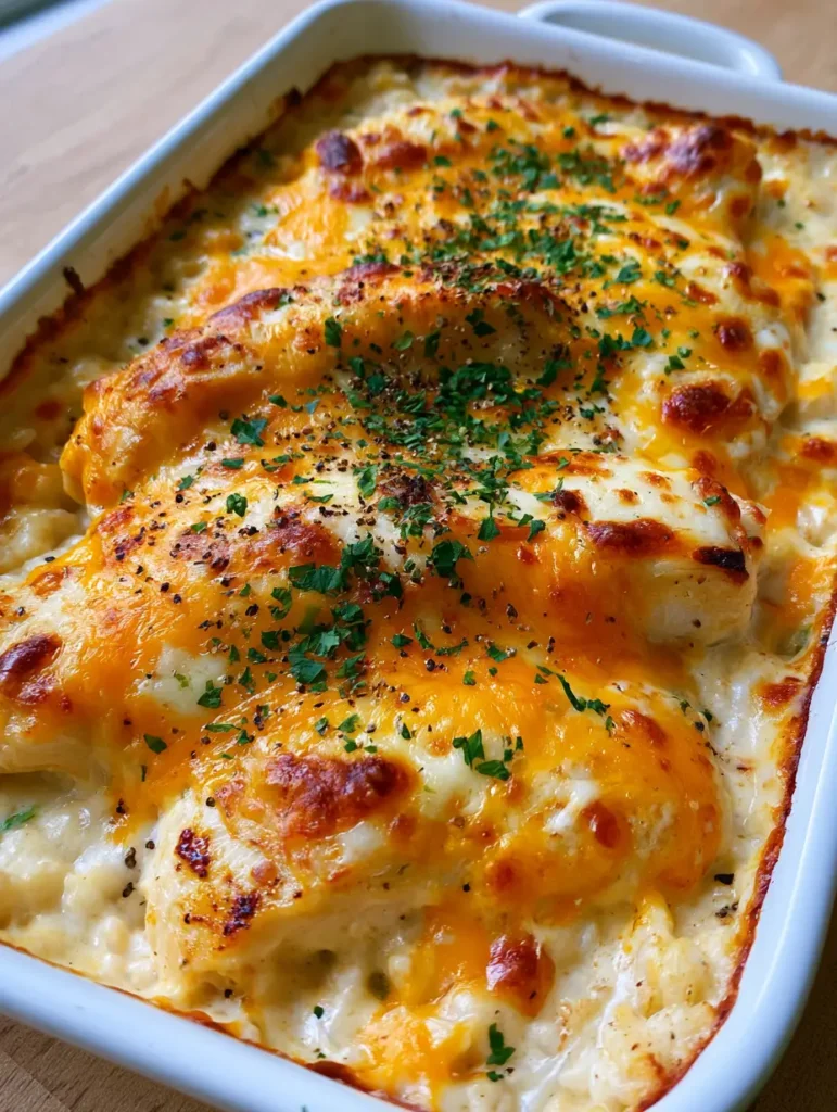 A rectangular white ceramic dish showing the bubbling orange and white cheese of a One-Pan Chicken and Rice Bake garnished with parsley.