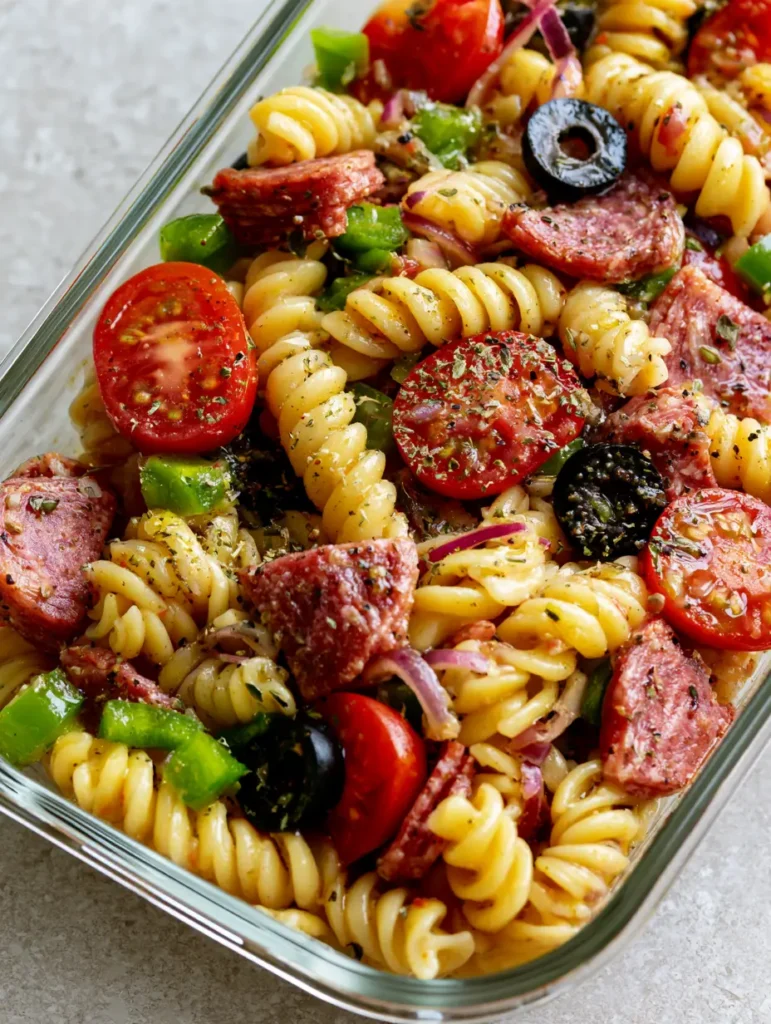 Detailed close-up of High Protein Pasta Salad coated in a glossy herb vinaigrette.
