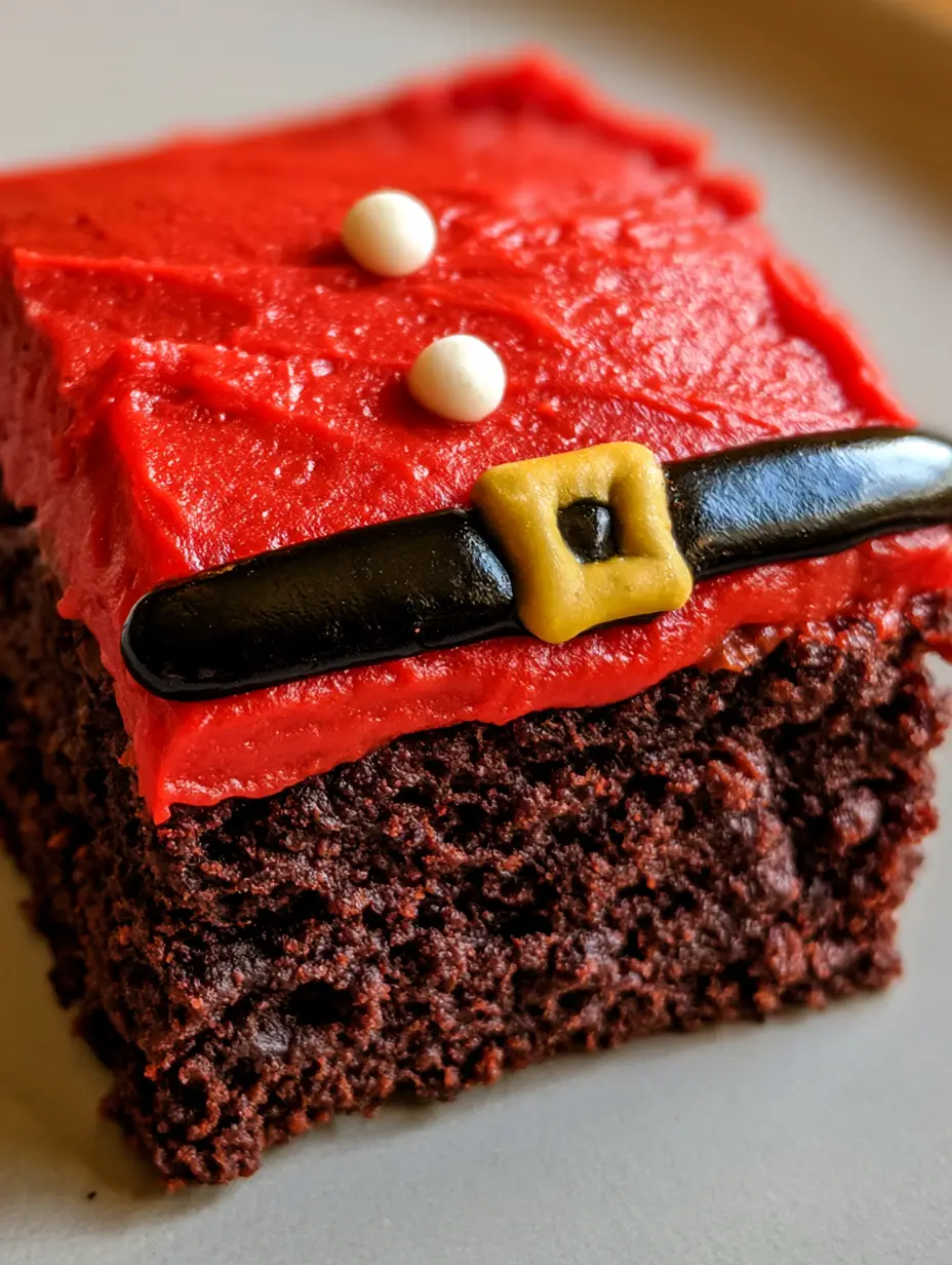 Santa Belly Brownies: The Ultimate Fudgy Holiday Dessert Guide 3 Close-up of a dense chocolate Santa Belly Brownie with a moist crumb and red icing. (Santa Belly Brownies)