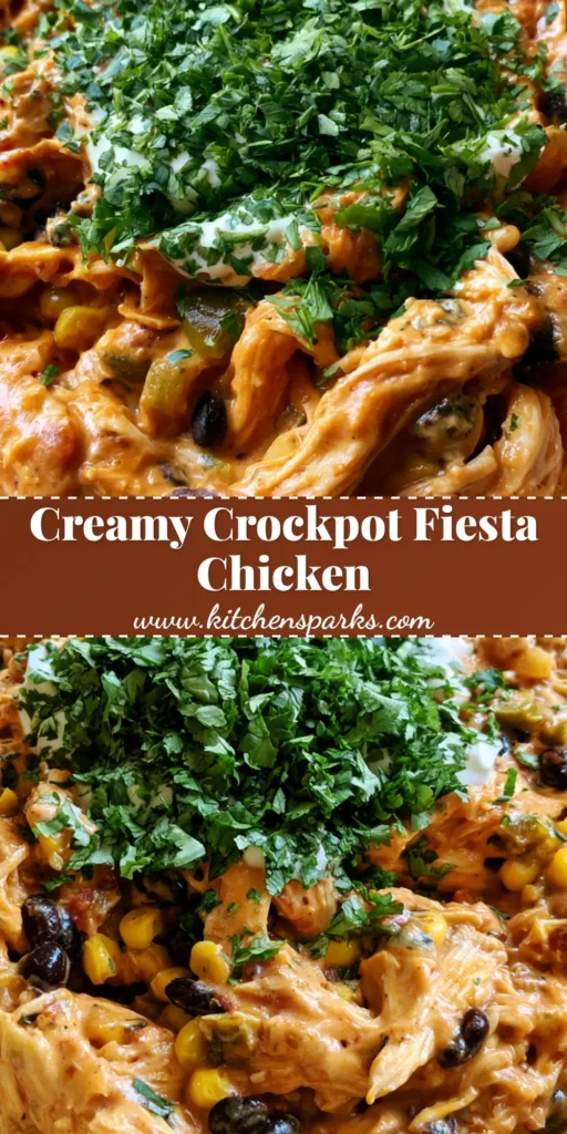 A close-up shot of Slow Cooker Fiesta Chicken in a rustic white bowl, showing shredded chicken in a creamy orange sauce with black beans and corn.