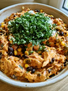 Handheld photo of a rustic white bowl containing Slow Cooker Fiesta Chicken with visible shredded strands, corn, and black beans.