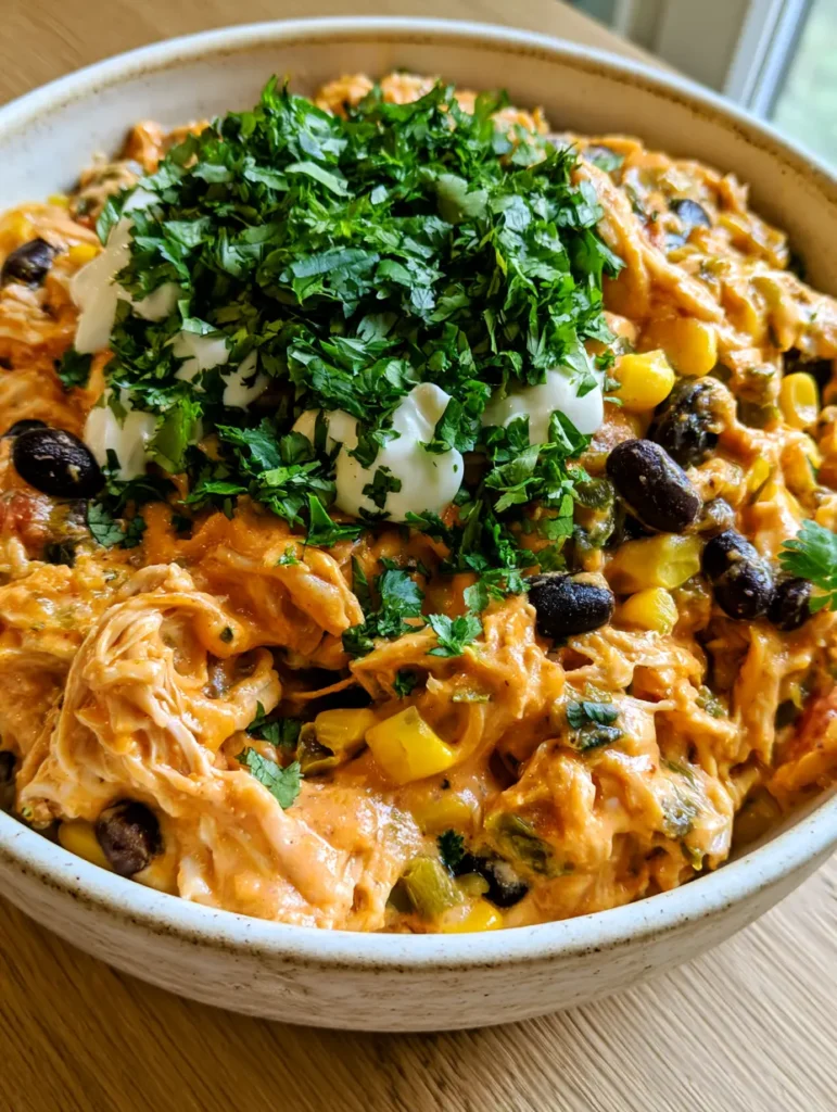Overhead view of Slow Cooker Fiesta Chicken served in a rustic bowl on a wooden table with cilantro garnish.