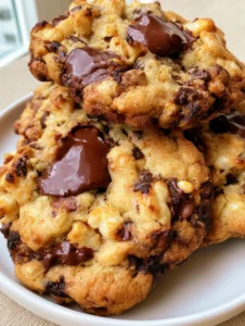 Close-up of Rice Krispie Chocolate Chip Cookies showing textured surface and protruding rice cereal grains.