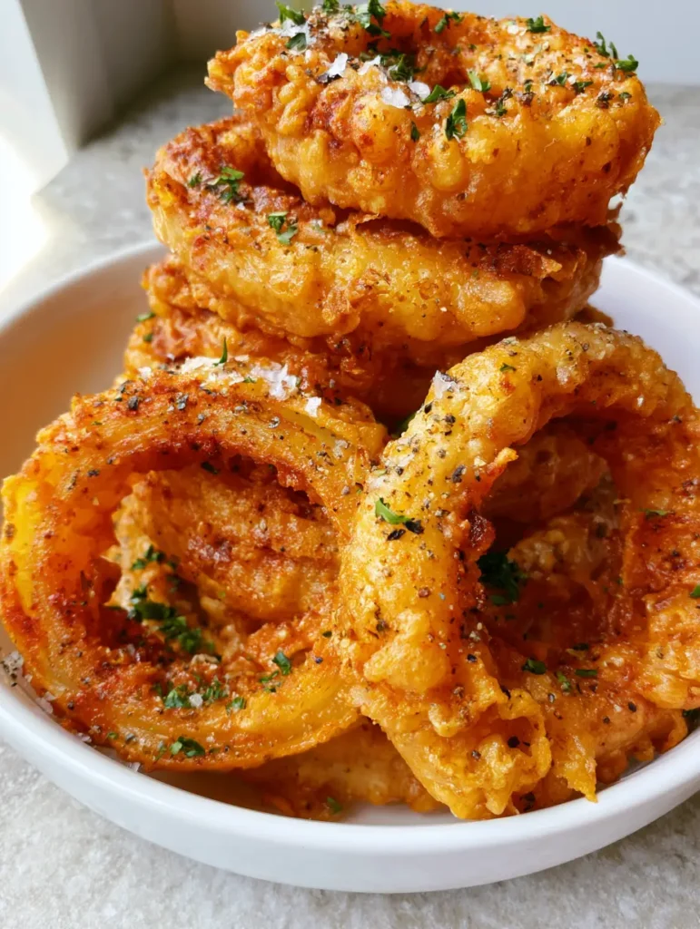Close up of deep-fried onion rings showing cracked black pepper specks and finely chopped parsley on a stone countertop.