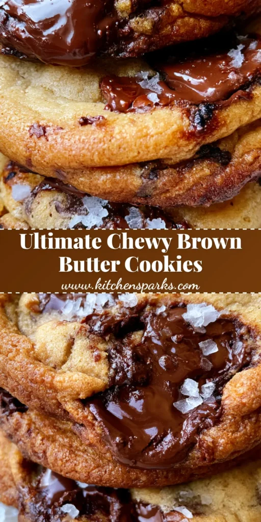 A stack of three thick Brown Butter Chocolate Chip Cookies on crinkled parchment paper with melted chocolate pools and flaky sea salt.
