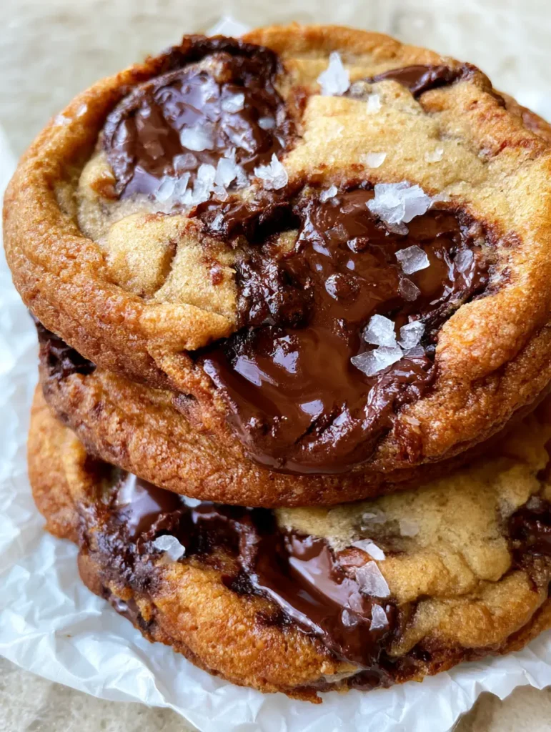 Home 6 Close-up photo of three thick cookies with golden-brown crispy edges and glossy melted chocolate chunks. (Brown Butter Chocolate Chip Cookies)