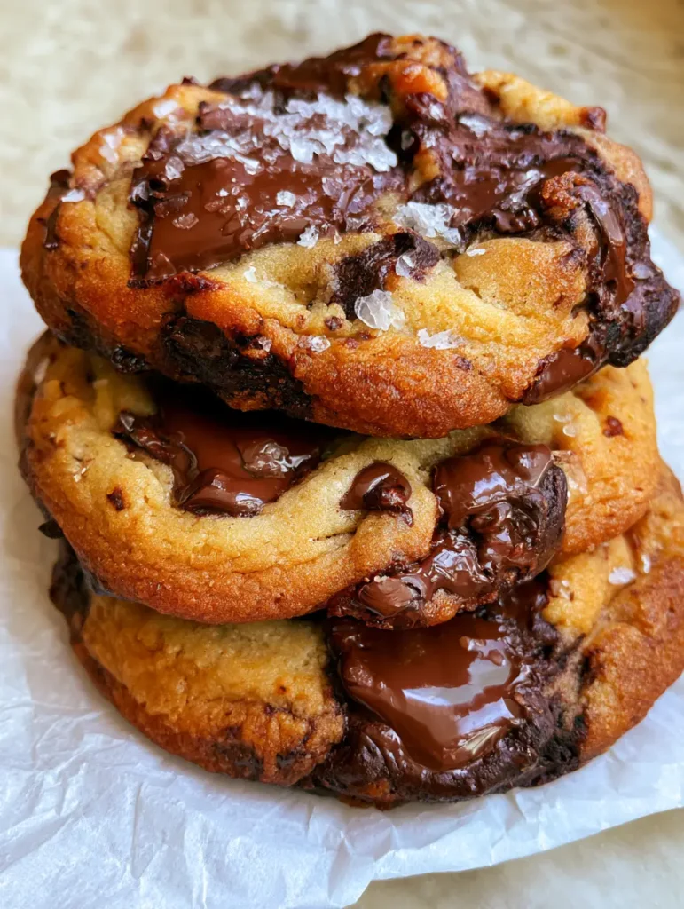 Overhead view of Brown Butter Chocolate Chip Cookies on a stone countertop showing the contrast between the toasted edges and pale centers.