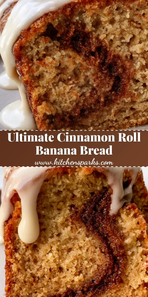 Cinnamon Roll Banana Bread with a Thick Caramelized Sugar Swirl 4 A thick slice of Cinnamon Roll Banana Bread with a dark brown caramelized cinnamon sugar swirl and thick white sugar glaze.