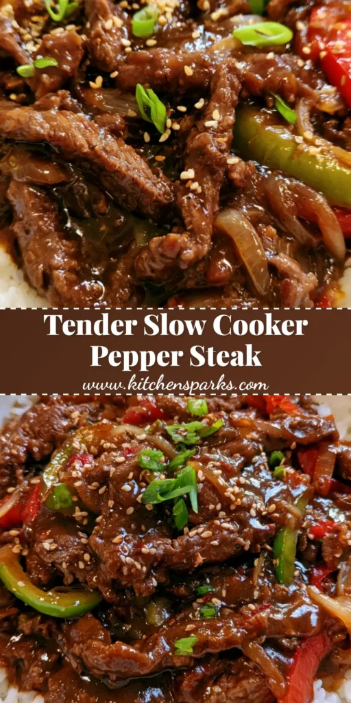 Slow Cooker Pepper Steak: Tender Beef and Glossy Savory Sauce 4 A white ceramic bowl filled with Slow Cooker Pepper Steak, featuring browned beef, red and green peppers, and glossy sauce over white rice. (Slow Cooker Pepper Steak)