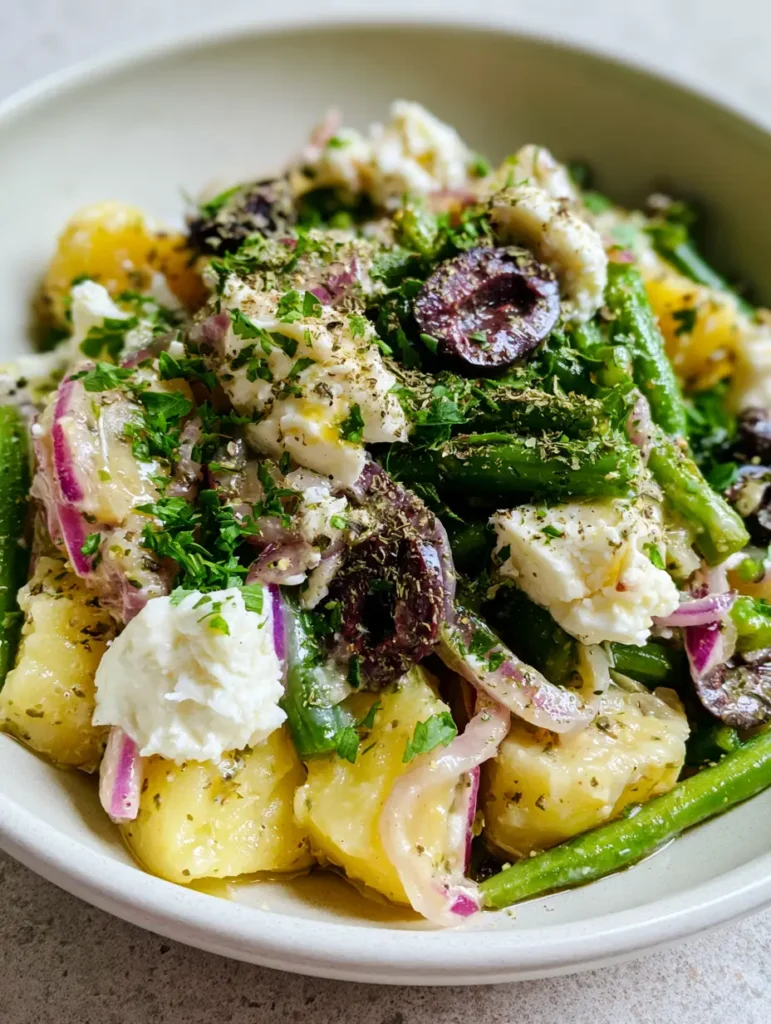 Mediterranean Greek Potato Salad with Herb Vinaigrette and Feta 1 A shallow white bowl filled with Mediterranean Greek Potato Salad topped with feta crumbles and fresh parsley.