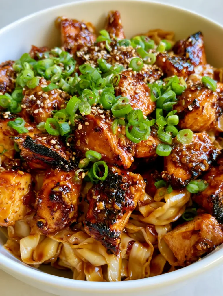Overhead shot of glossy thick wavy egg noodles mixed with dark charred chicken breast chunks and fresh green onions. (Sticky Garlic Chicken Noodles)