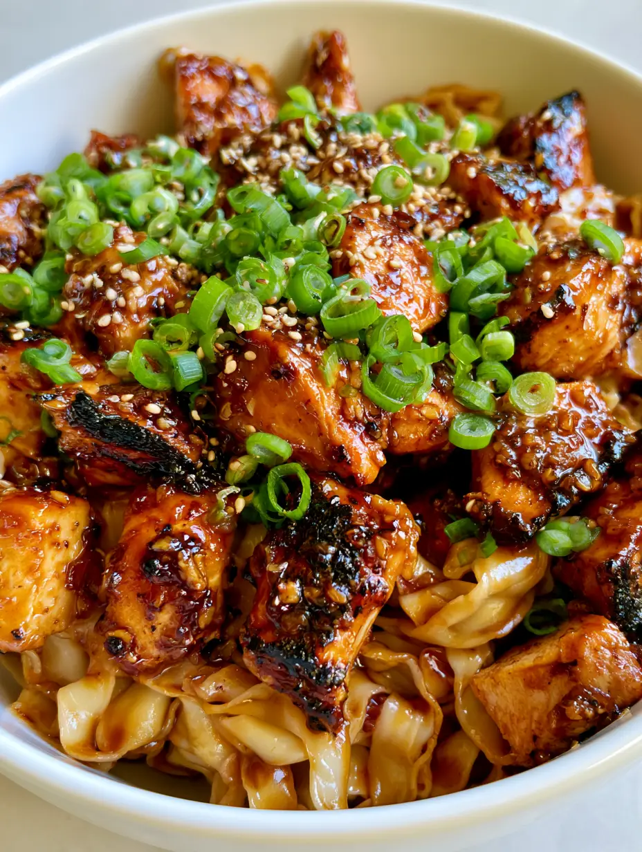 Sticky Garlic Chicken Noodles with Charred Pan-Seared Chicken 3 Overhead shot of glossy thick wavy egg noodles mixed with dark charred chicken breast chunks and fresh green onions. (Sticky Garlic Chicken Noodles)