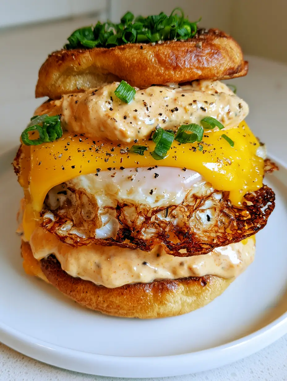 Spicy Chipotle Egg Breakfast Sandwich with Crispy Lacey Edges 3 Top down view of a fried egg with crispy lacey edges and melted yellow cheddar for a Spicy Chipotle Egg Breakfast Sandwich.