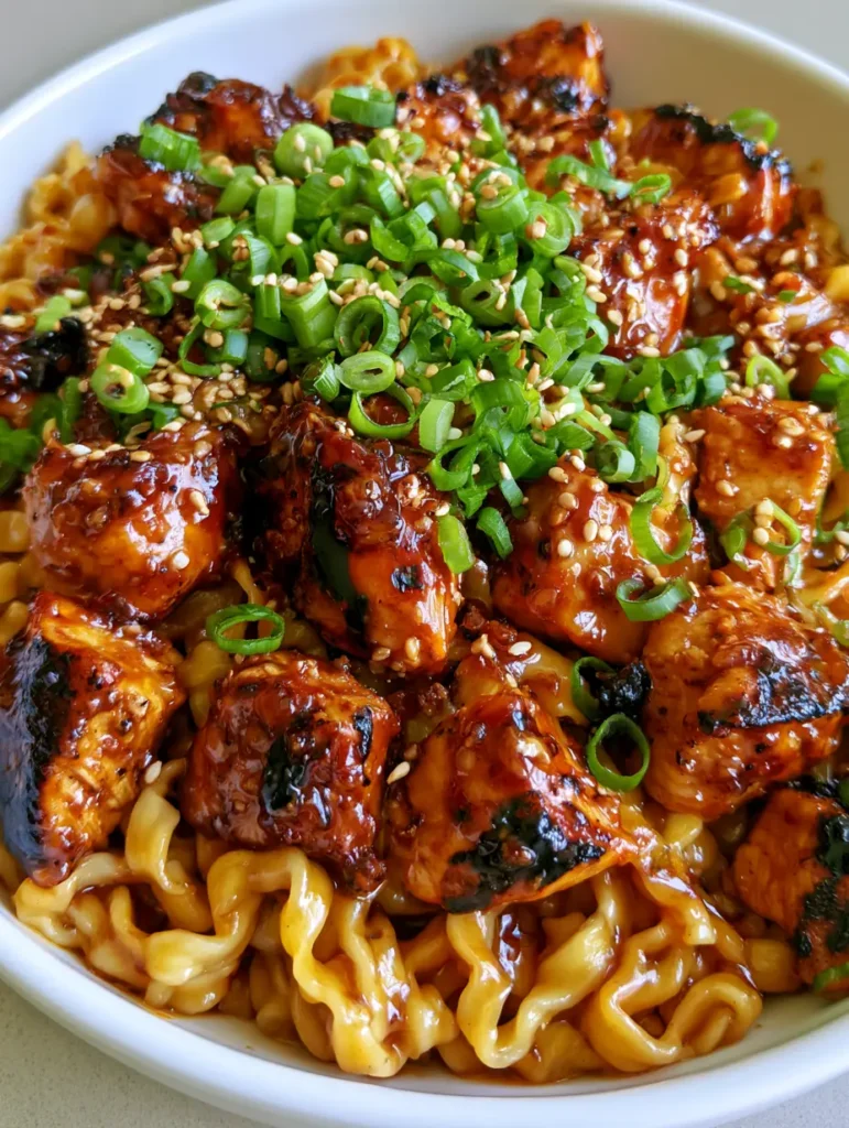 Sticky Garlic Chicken Noodles with Charred Pan-Seared Chicken 1 Close-up of pan-seared chicken breast pieces coated in a thick garlic sauce nestled among wavy egg noodles. (Sticky Garlic Chicken Noodles)