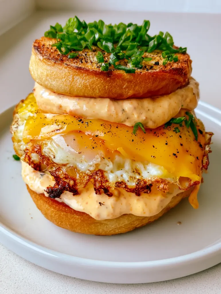 Spicy Chipotle Egg Breakfast Sandwich with Crispy Lacey Edges 1 The completed Spicy Chipotle Egg Breakfast Sandwich on a white plate showing the drooping melted cheese and scallion garnish.