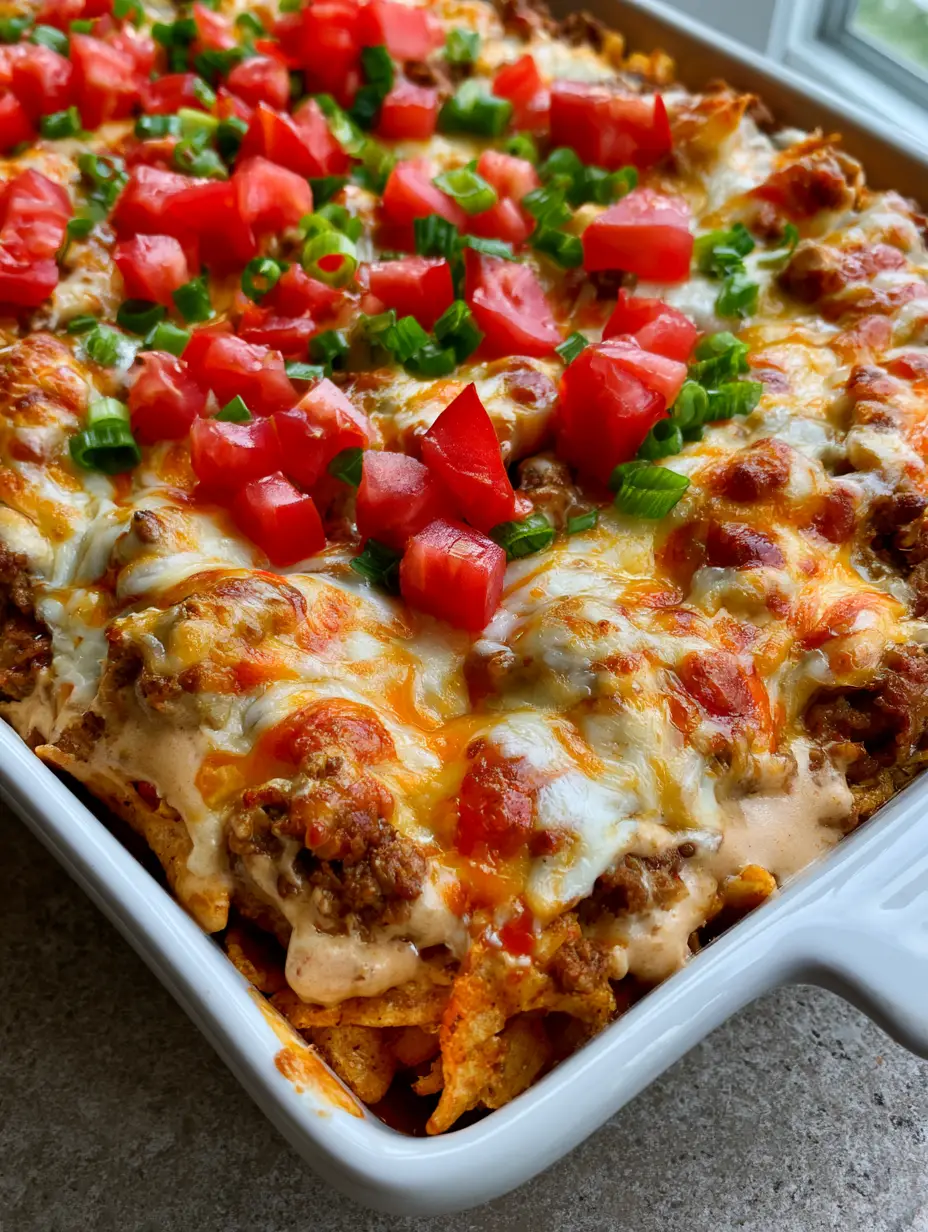 A close-up 45-degree shot of Mexican White Trash Casserole showing the crunchy chip base and creamy beef filling.