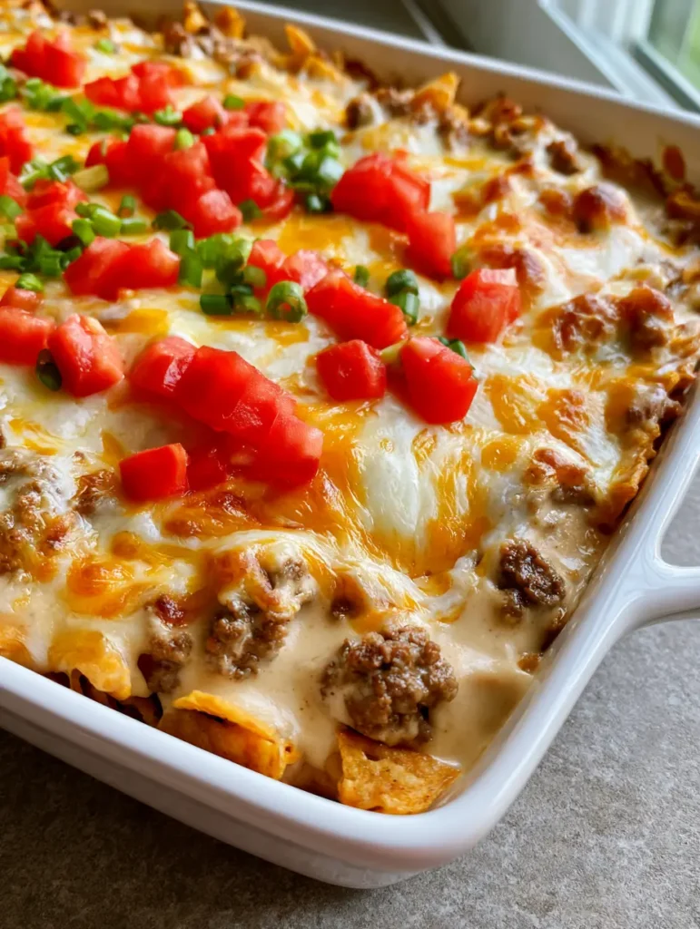 Mexican White Trash Casserole with Nacho Cheese Crust 1 Detailed view of the melted Mexican blend cheese with golden toasted spots on top of the casserole.