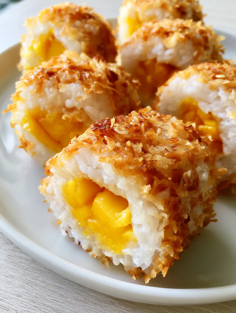 A handheld smartphone photo of Mango Sticky Rice Rolls showcasing the pearlescent rice texture and golden toasted coconut. (Mango Sticky Rice Rolls)