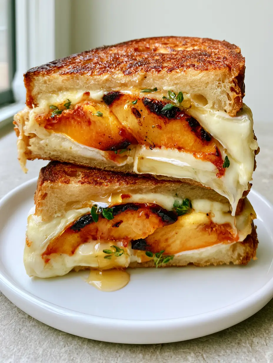 Close up photo of thick-cut sourdough bread toasted golden-brown with oozing Brie and seared peaches. (Peach and Brie Grilled Cheese)